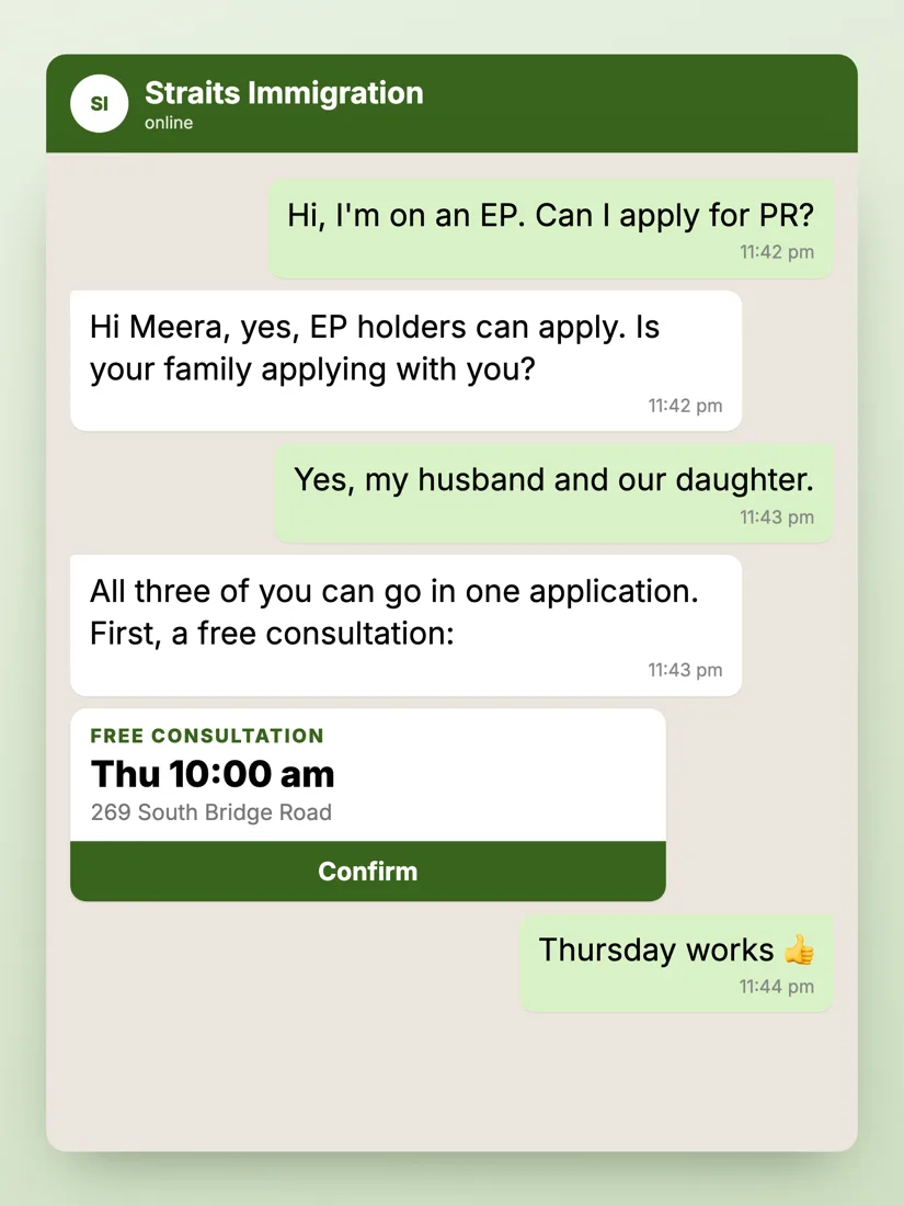 The same enquiry on WhatsApp, with a free consultation booked for Thursday