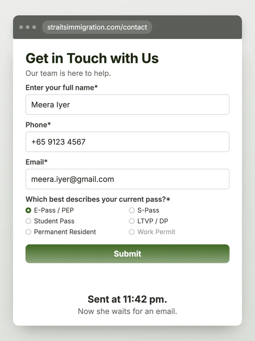 The Straits Immigration enquiry form, sent at 11:42 pm